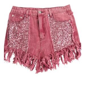POL Pink Sequin Fringe Denim Shorts Size M Boho Festival  Cutoff Jean Shorts